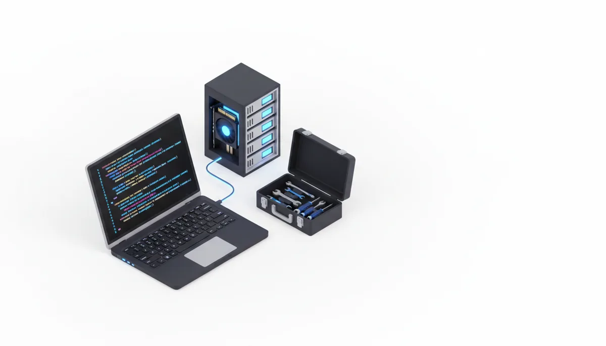 Ноутбук с кодом и ящик с инструментами рядом с сервером — настройка PyTorch на арендованной GPU